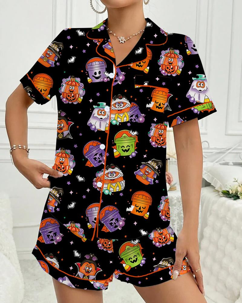 Women's Halloween Printed Casual Short Sleeve Top and Shorts Pajama Set