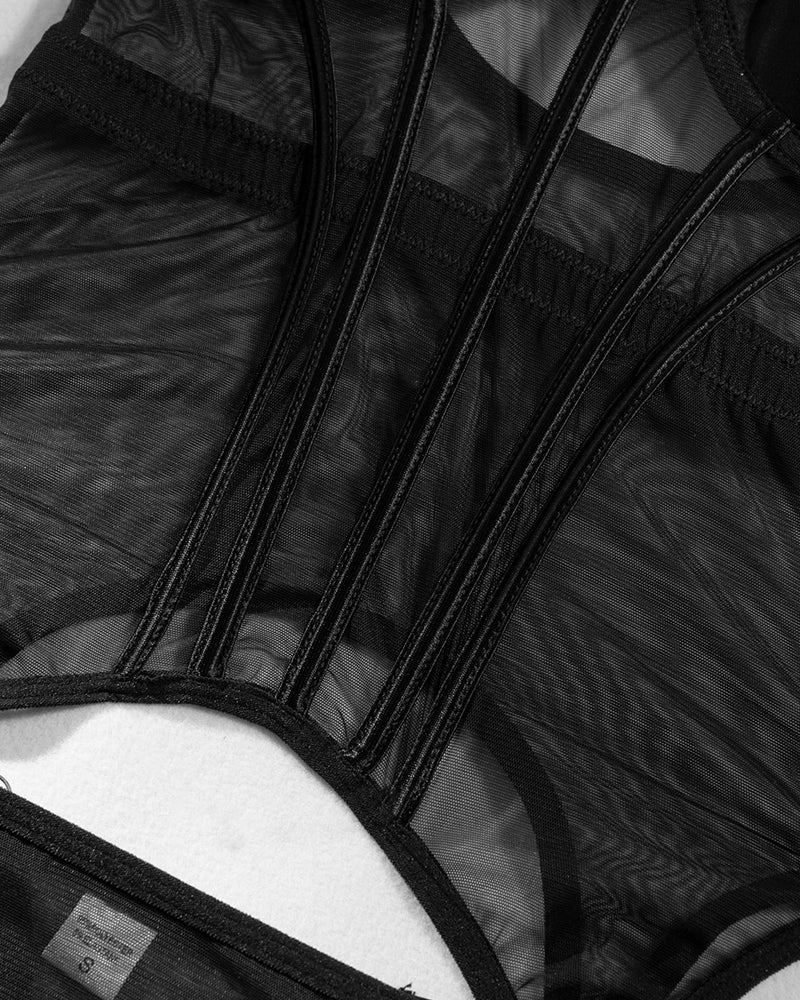 Sexy Mesh Breathable Body Shaping Split Steel Ring Gathered With Leg Ring Suit