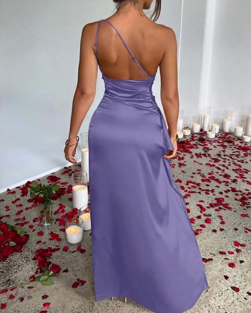 Women's Sexy One Shoulder Satin High Slit Cocktail Wedding Party Long Dress