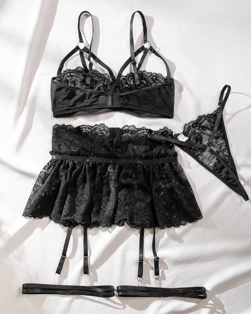 Sexy Lace Skirt Splicing Pajamas Three-Piece Set