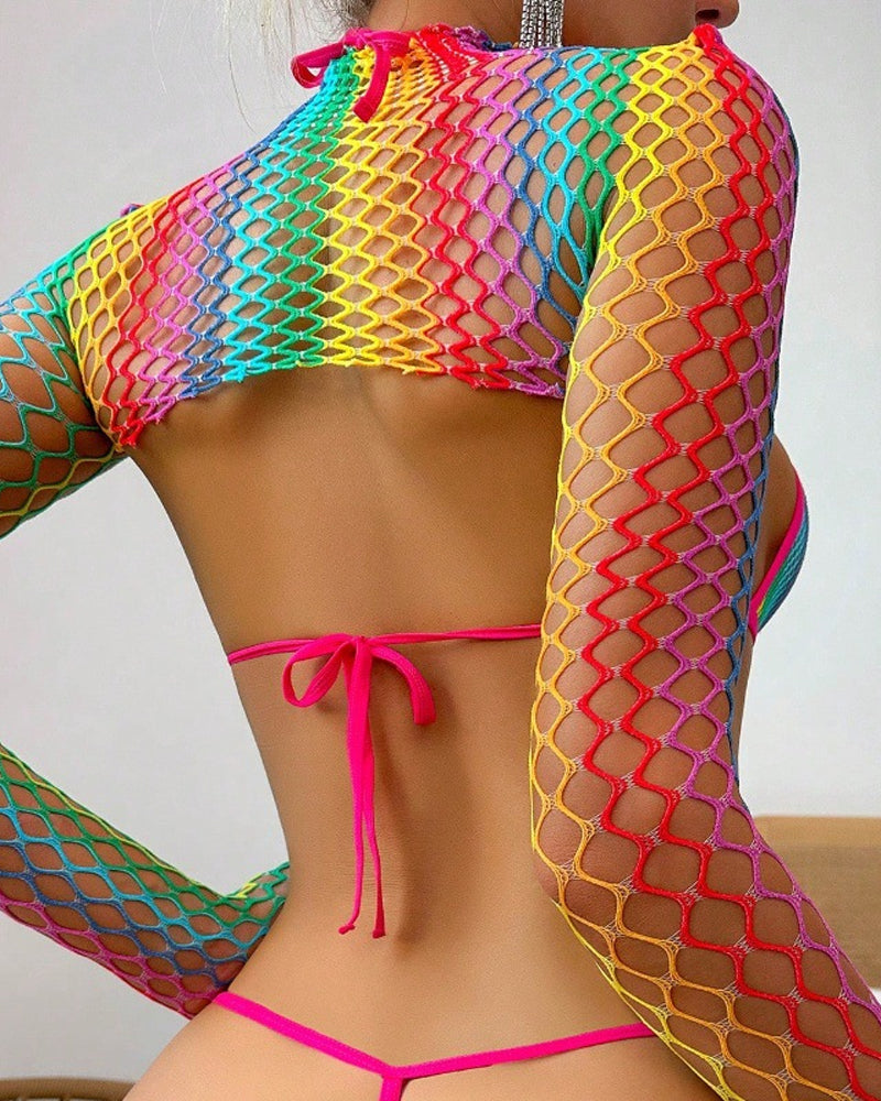Rainbow Fishnet Long-Sleeved Transparent Backless Tight Sexy Set