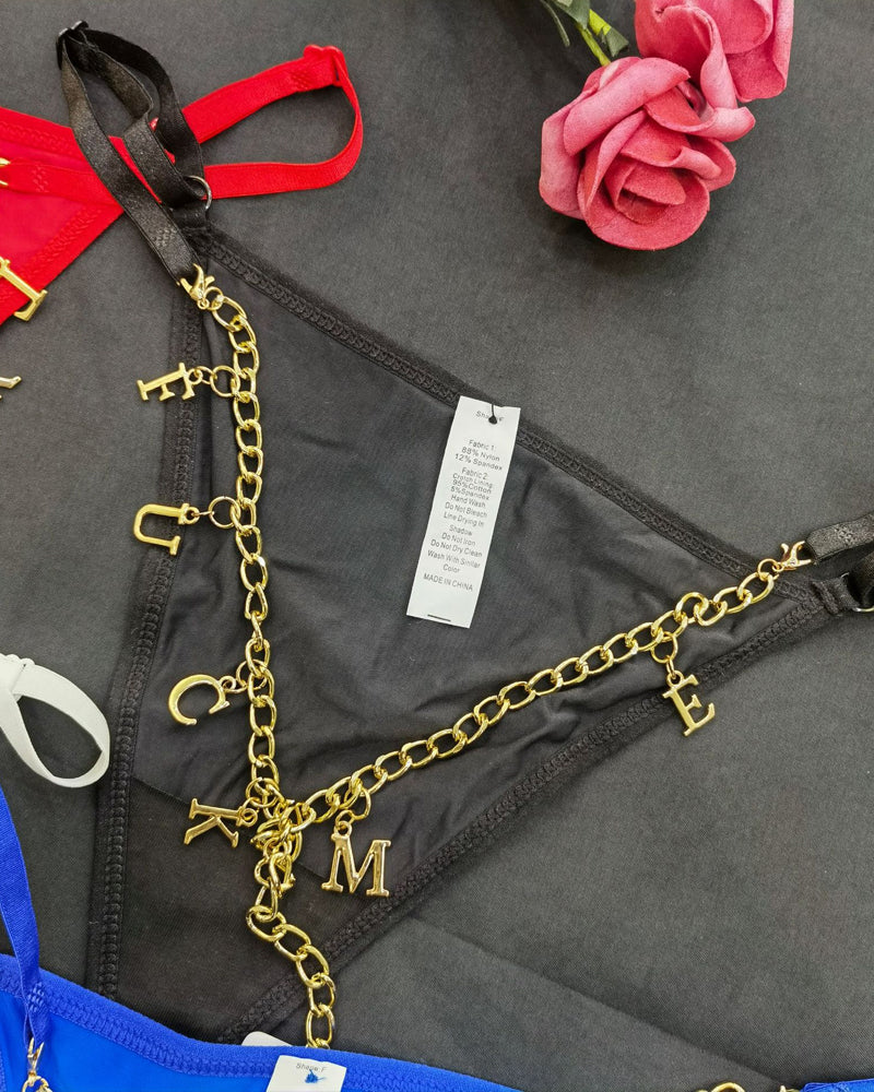 Sexy Gold Rhinestone Letter Chain Thongs