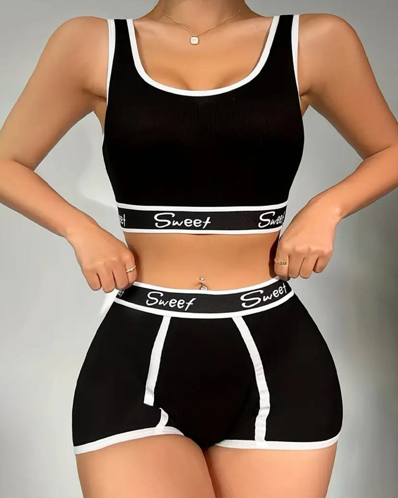 Yoga Letter Tape Contrast Bra and Boxer Briefs Casual Sports Set