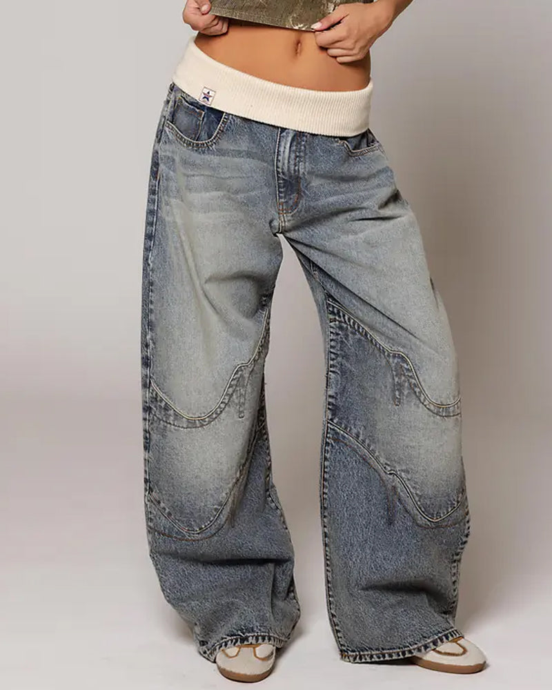 Vintage Knitted Belt Design Loose Washed Jeans