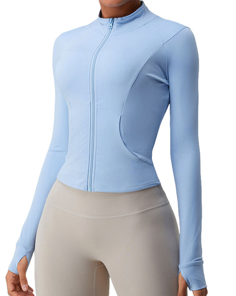 Breathable Quick-Drying Front Zip Yoga Track Jacket with Pockets and Thumbholes