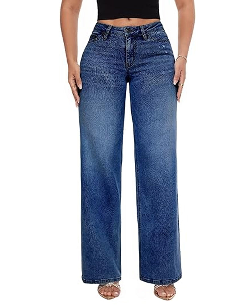 Mid-Rise Loose Stretch Wide-Leg Jeans
