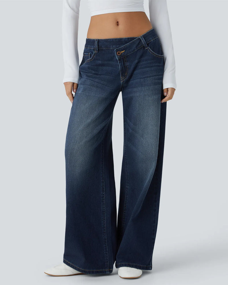 Asymmetric Low-Rise Zipper Pocket Loose Wide-Leg Washed Jeans