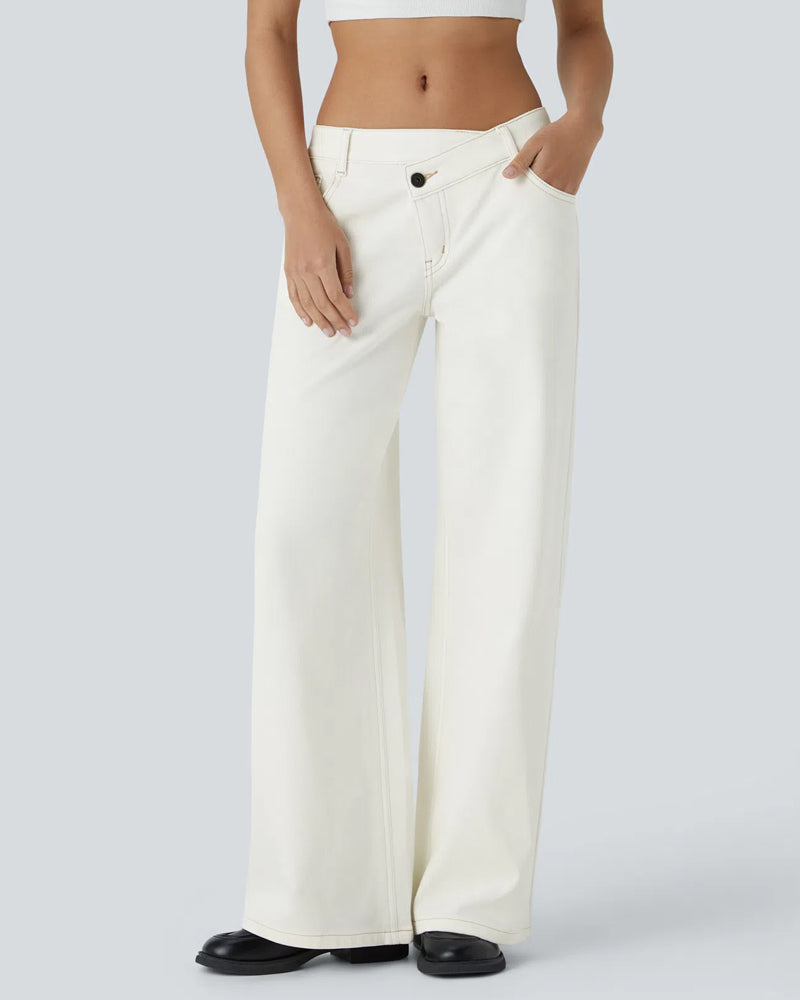 Asymmetric Low-Rise Zipper Pocket Loose Wide-Leg Washed Jeans