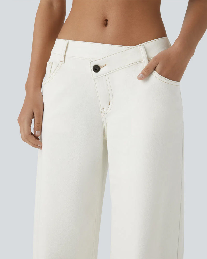 Asymmetric Low-Rise Zipper Pocket Loose Wide-Leg Washed Jeans