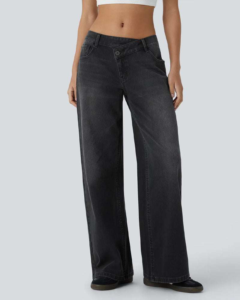 Asymmetric Low-Rise Zipper Pocket Loose Wide-Leg Washed Jeans