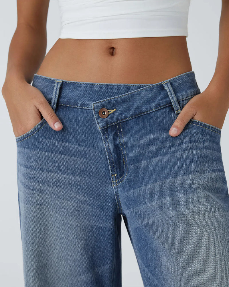 Asymmetric Low-Rise Zipper Pocket Loose Wide-Leg Washed Jeans
