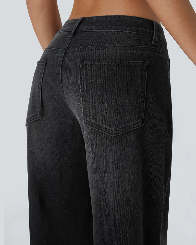 Asymmetric Low-Rise Zipper Pocket Loose Wide-Leg Washed Jeans