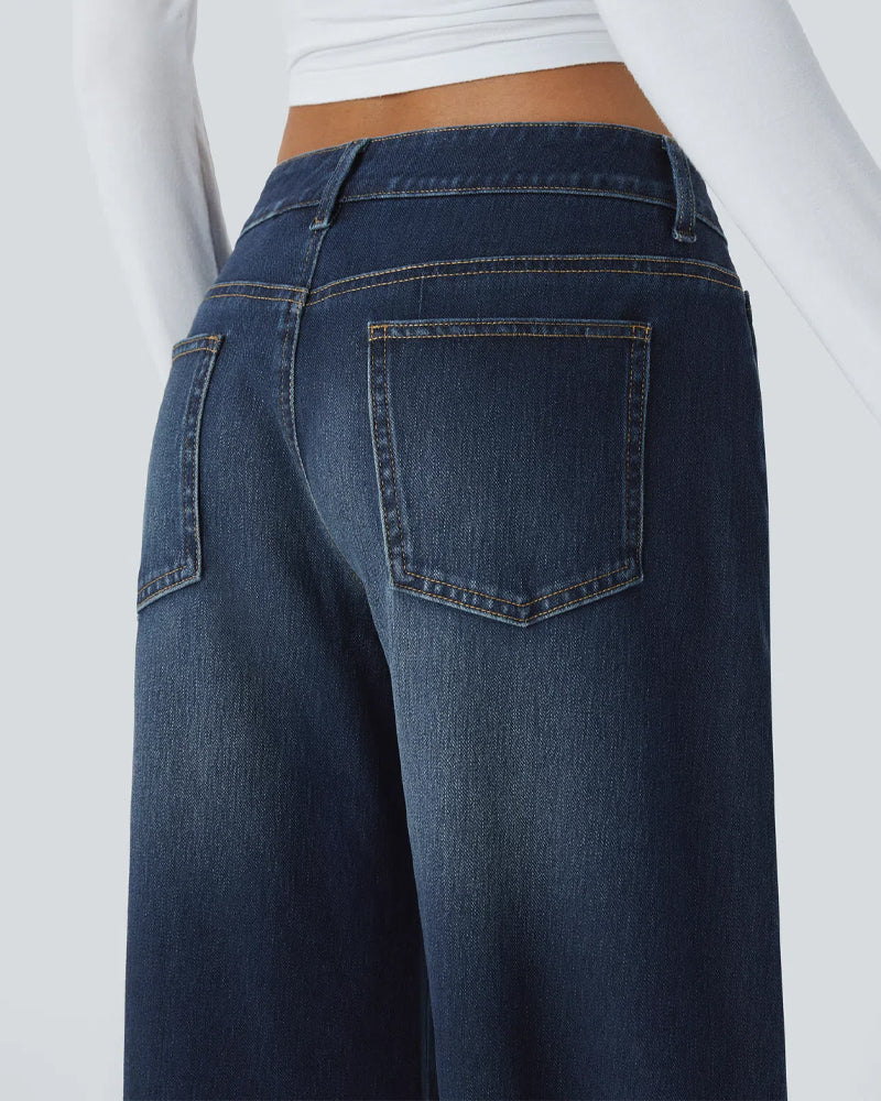 Asymmetric Low-Rise Zipper Pocket Loose Wide-Leg Washed Jeans