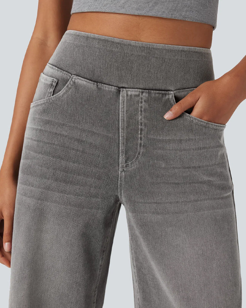 Casual High-Waist Striped Wide-Leg Washed Pocket Jeans