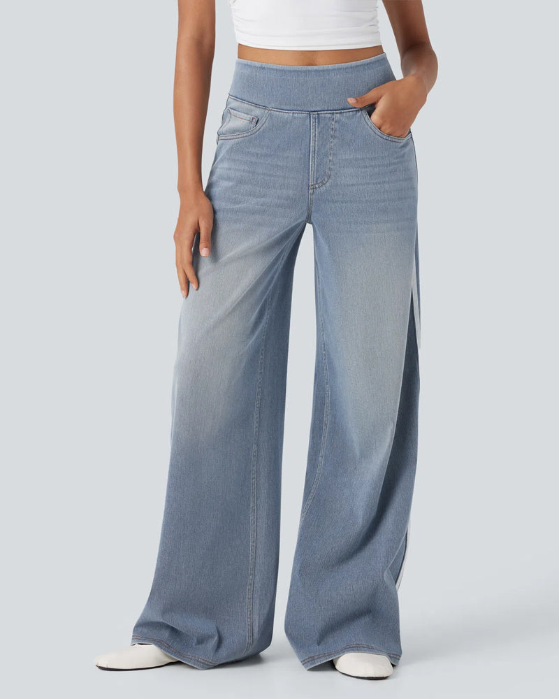 Casual High-Waist Striped Wide-Leg Washed Pocket Jeans