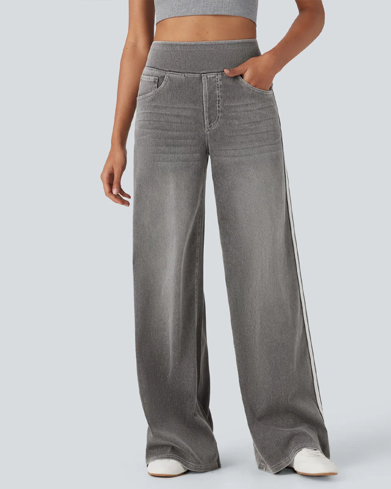 Casual High-Waist Striped Wide-Leg Washed Pocket Jeans