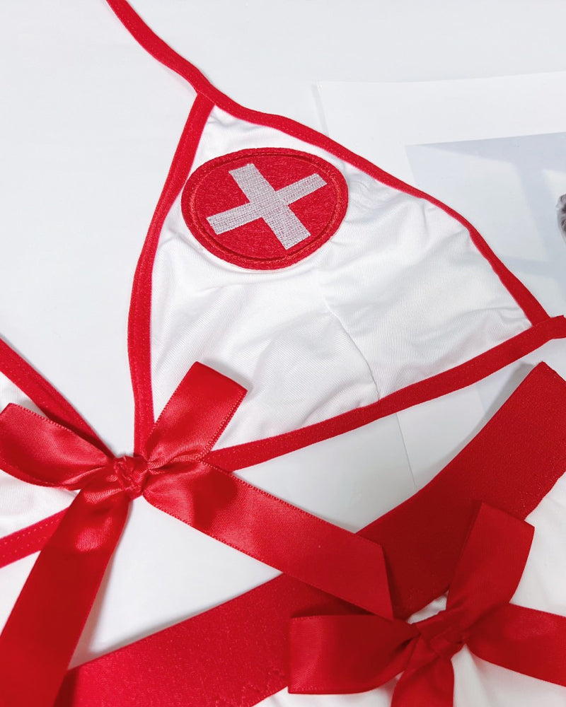 Sexy Female Nurse Role Play Bow Uniform Pajamas Set