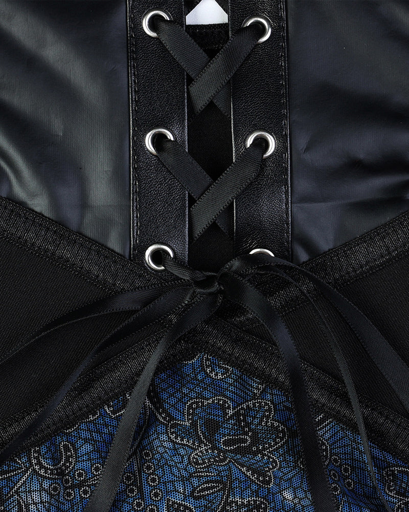 Retro Printed Mesh and PU Leather Cross-Strap Bow Bodysuit