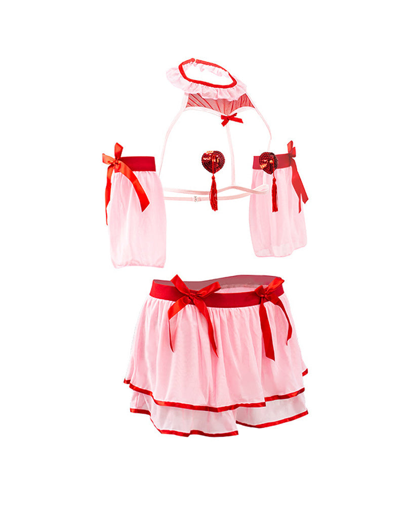 Sexy Chest Hollowed-out with Heart-shaped Nipple Stickers and See-through Gauze Skirt Fun Suit