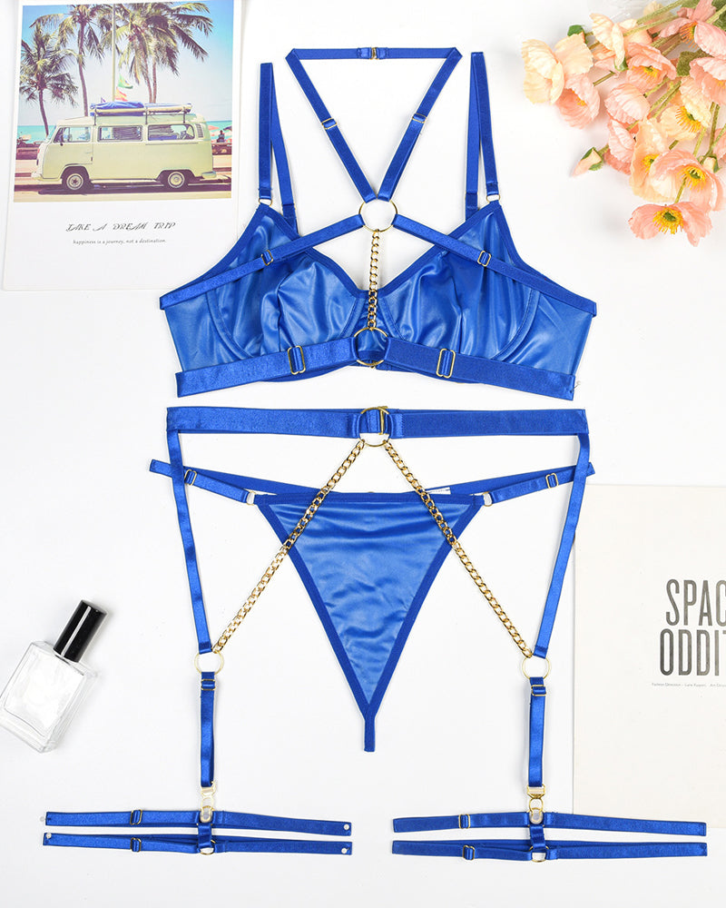 Sexy Chain Halterneck Leather Pajamas Set