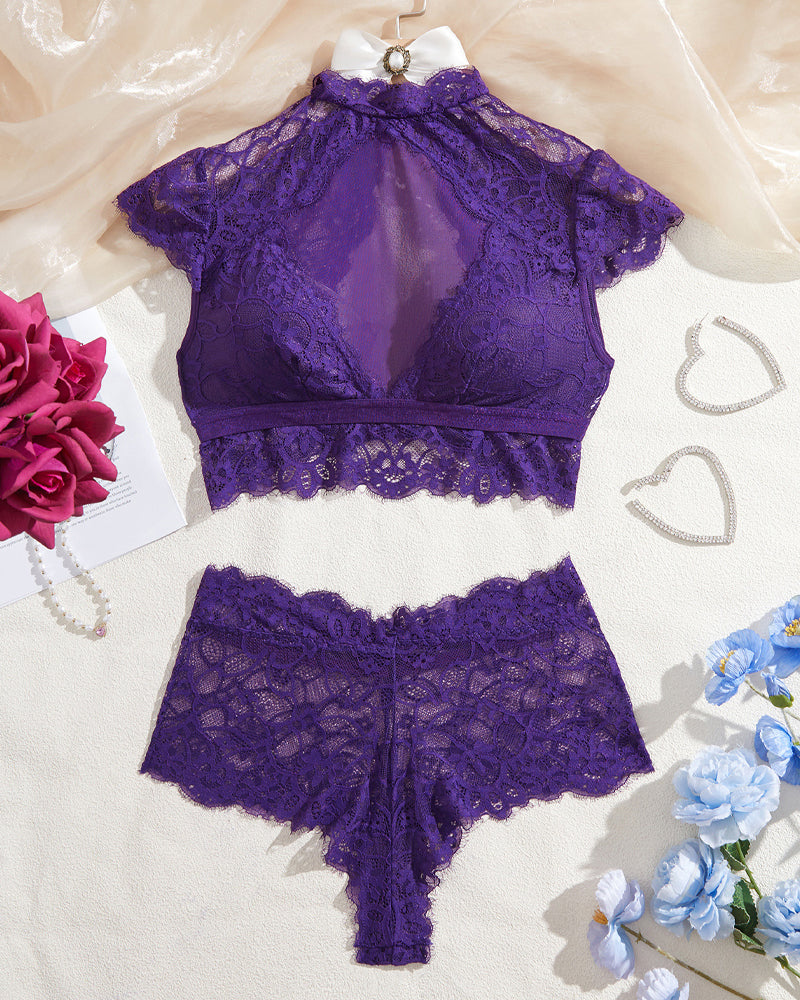 High Neck Lace Sheer Mesh Backless Bra Underwear Set