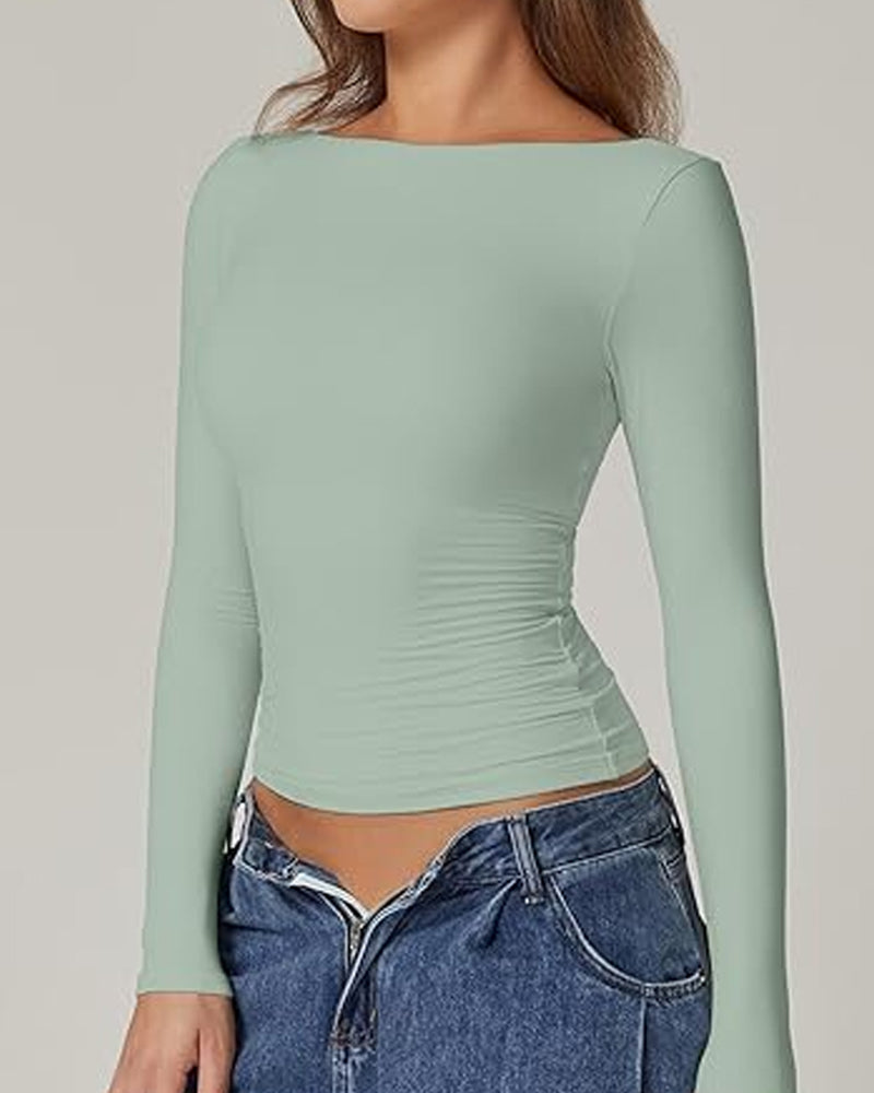 Women's Sexy Open Back Seamless Turtleneck Double Lined Slim Fit Long Sleeve Top