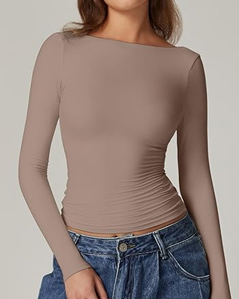 Women's Sexy Open Back Seamless Turtleneck Double Lined Slim Fit Long Sleeve Top