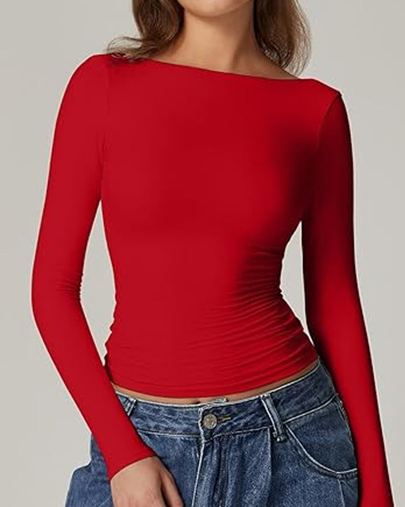 Women's Sexy Open Back Seamless Turtleneck Double Lined Slim Fit Long Sleeve Top