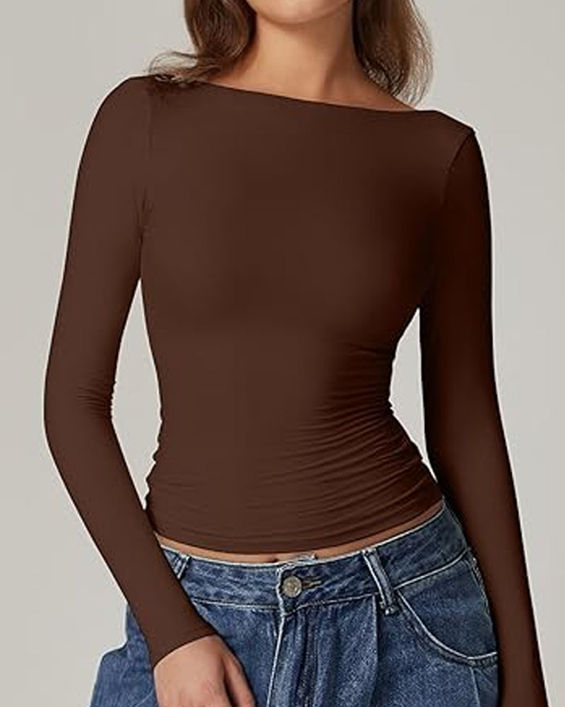 Women's Sexy Open Back Seamless Turtleneck Double Lined Slim Fit Long Sleeve Top