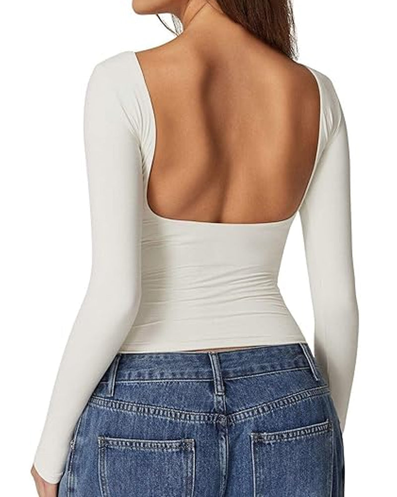 Women's Sexy Open Back Seamless Turtleneck Double Lined Slim Fit Long Sleeve Top