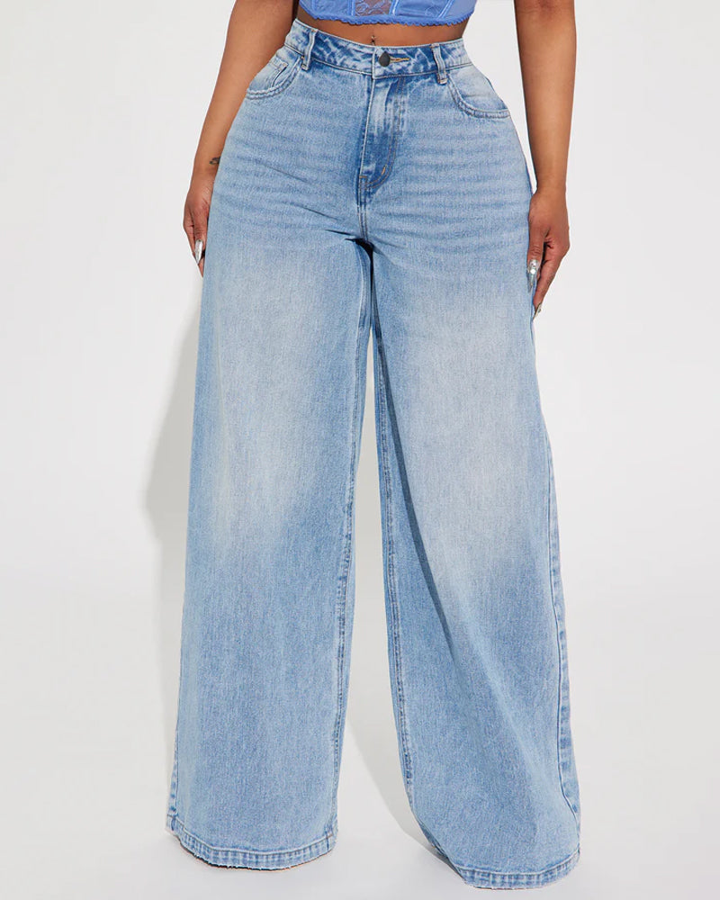 Washed Wide-leg Jeans With A Bow Design At The Back Waist