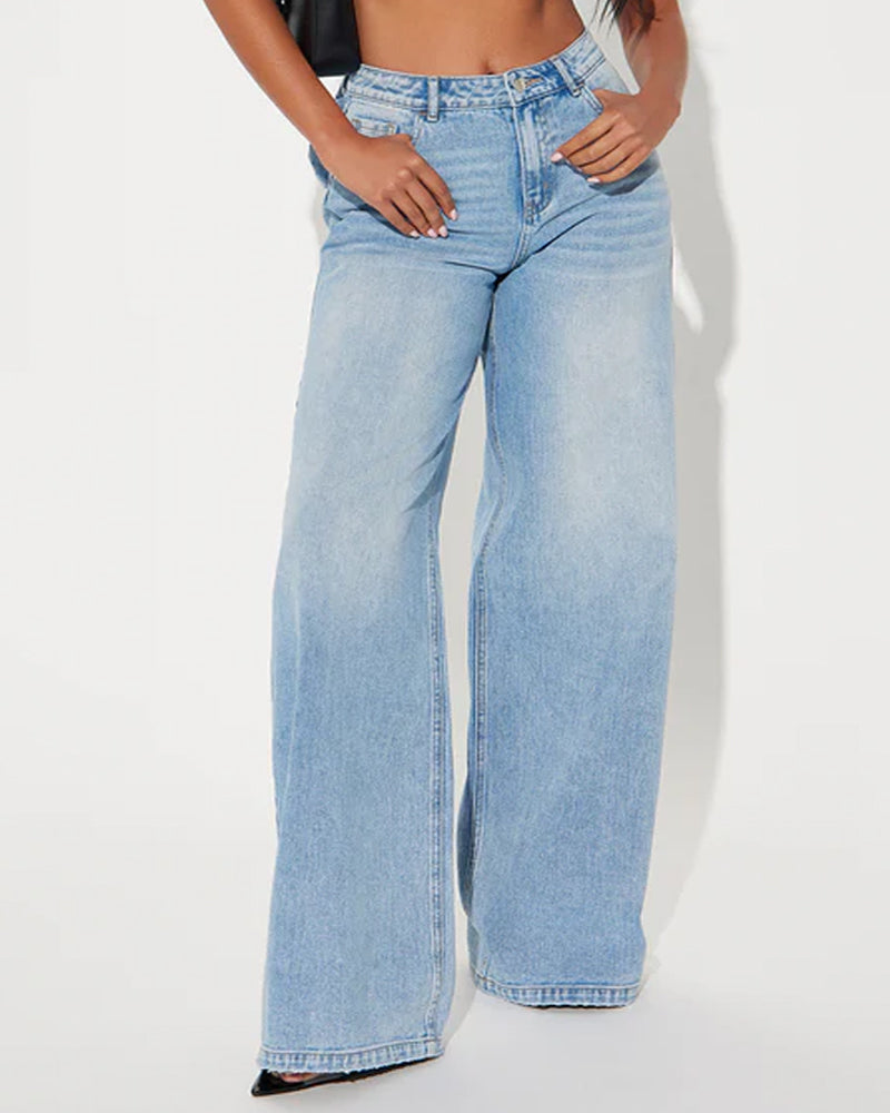Washed Wide-leg Jeans With A Bow Design At The Back Waist
