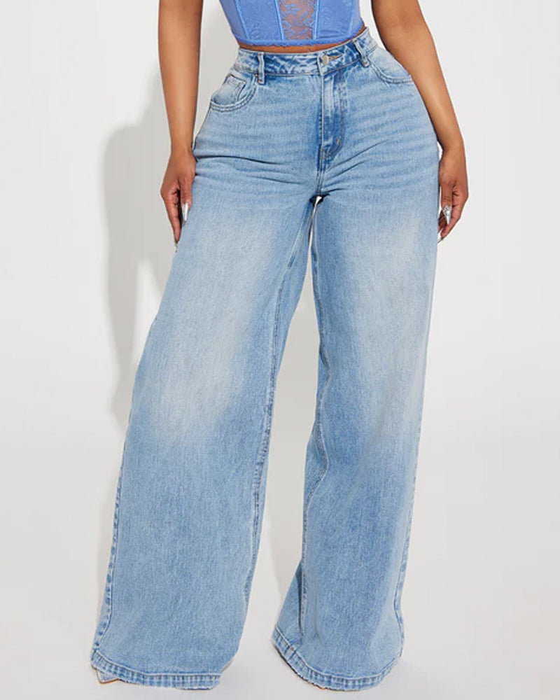 Washed Wide-leg Jeans With A Bow Design At The Back Waist