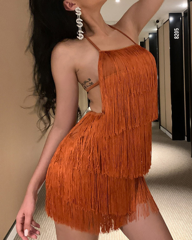 Sexy Tassel Halter Neck Solid Color Backless Jumpsuit