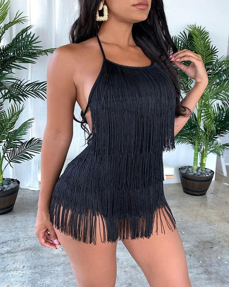 Sexy Tassel Halter Neck Solid Color Backless Jumpsuit