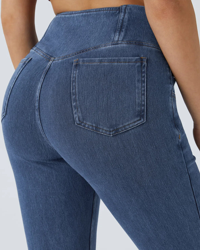 High-waisted Cross-pocket Stretch Flared Washed Casual Jeans
