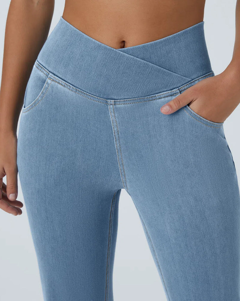 High-waisted Cross-pocket Stretch Flared Washed Casual Jeans