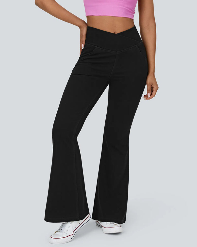 High-waisted Cross-pocket Stretch Flared Washed Casual Jeans