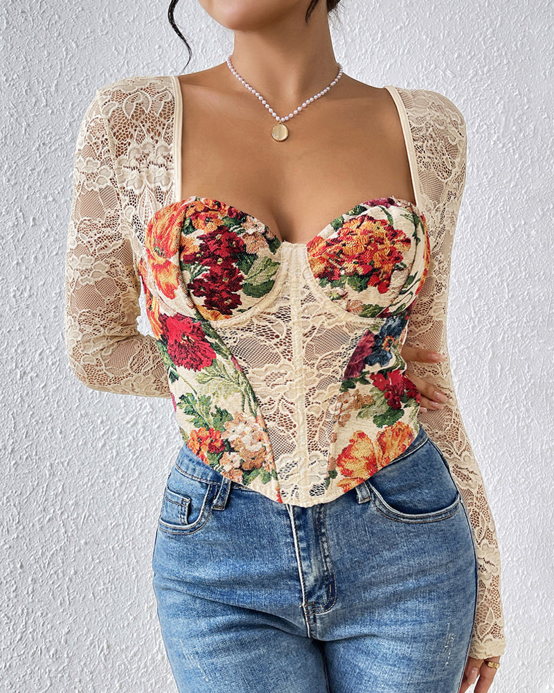 Retro Square Neck Floral Lace Panel Long Sleeve Top