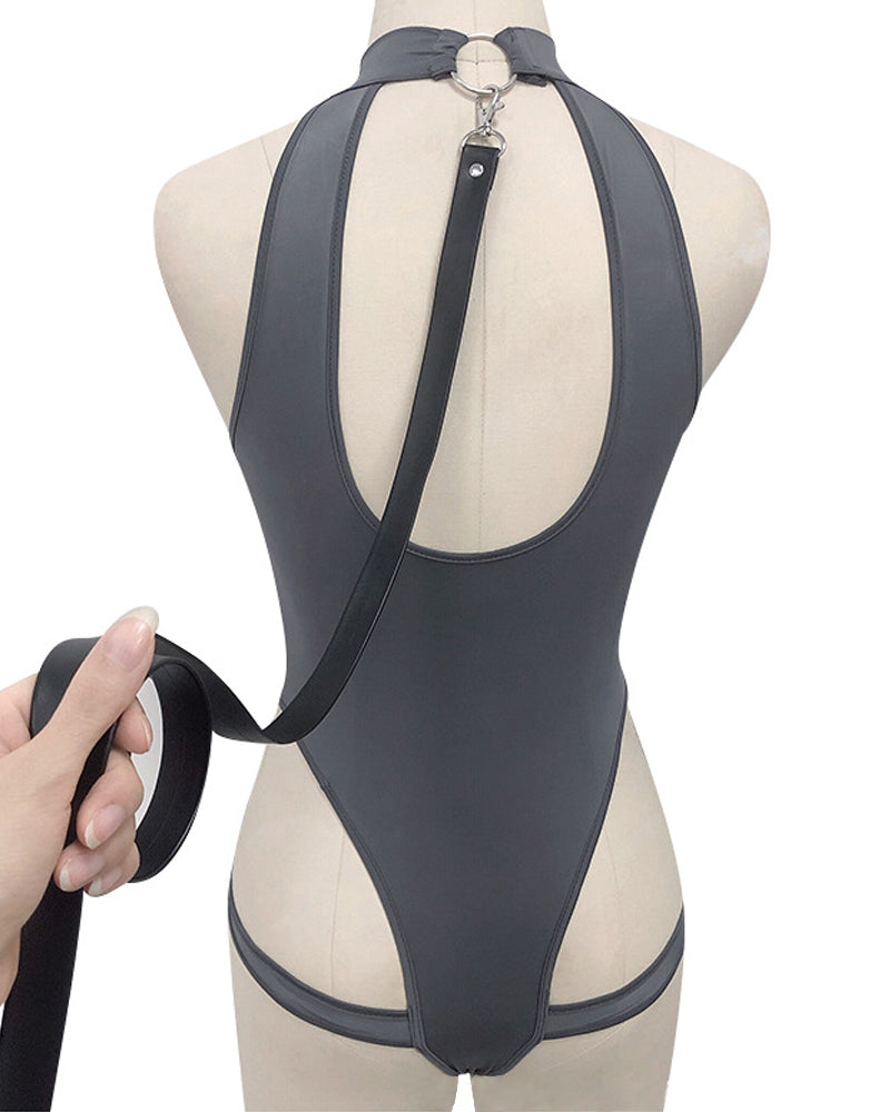 Sexy Halterneck Open-crotch Bodysuit with Stockings and Leash