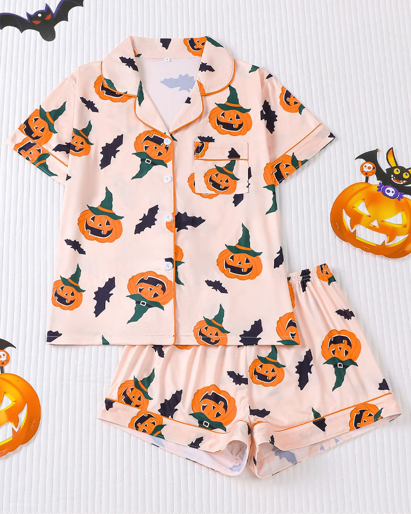 Halloween Fun Print Lapel Short-sleeved Shorts Casual Home Wear Suit