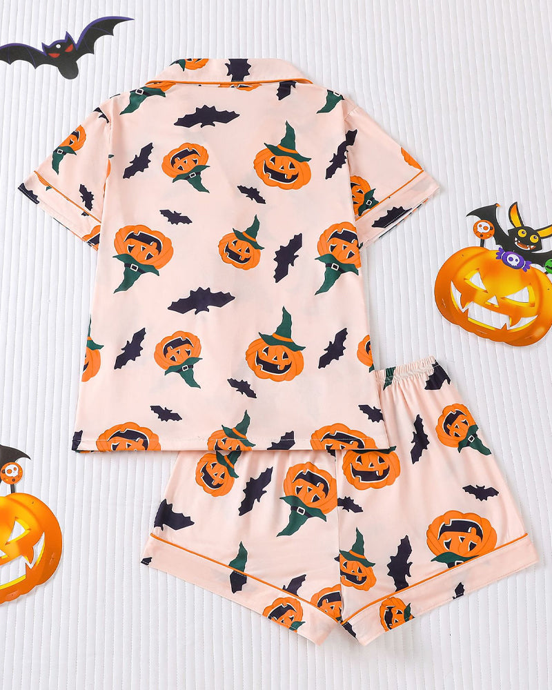 Halloween Fun Print Lapel Short-sleeved Shorts Casual Home Wear Suit