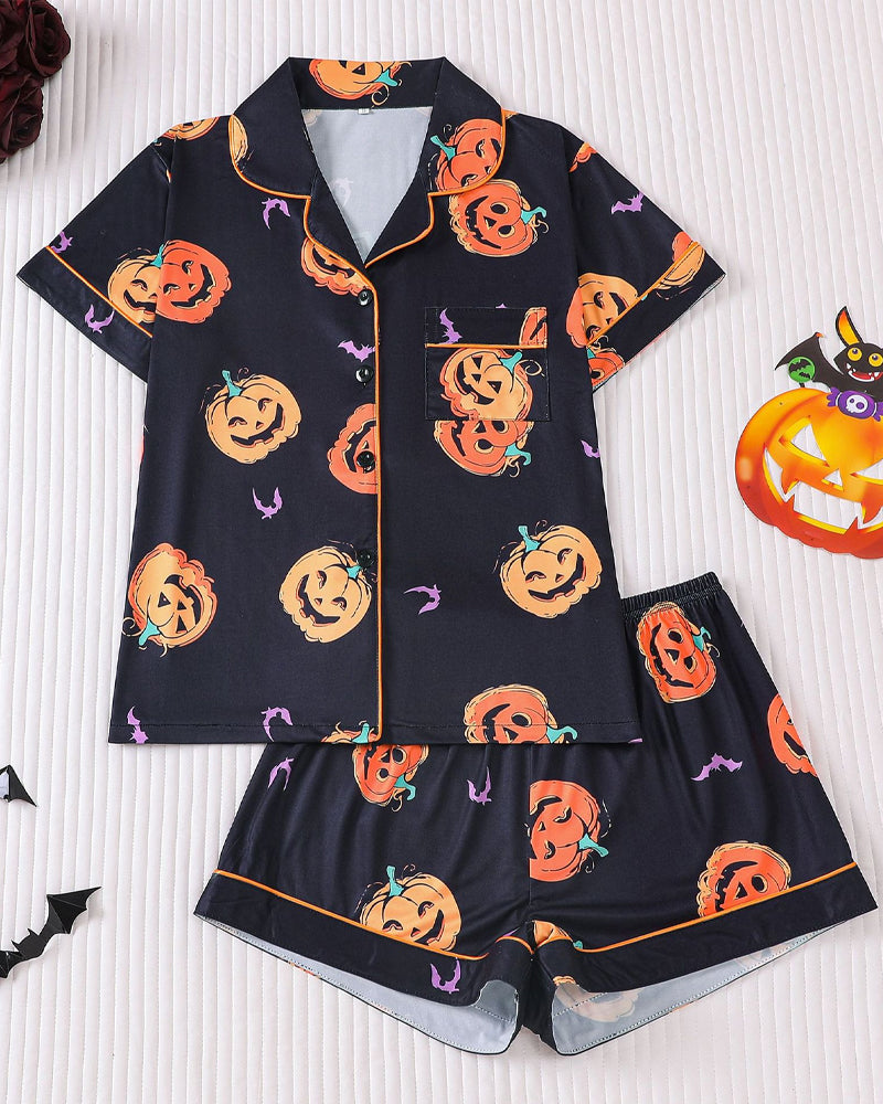 Halloween Print Lapel Short-Sleeved Shorts Casual Homewear Set