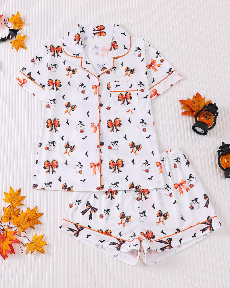 Casual Halloween Print Lapel Short-Sleeved Shorts Homewear Set