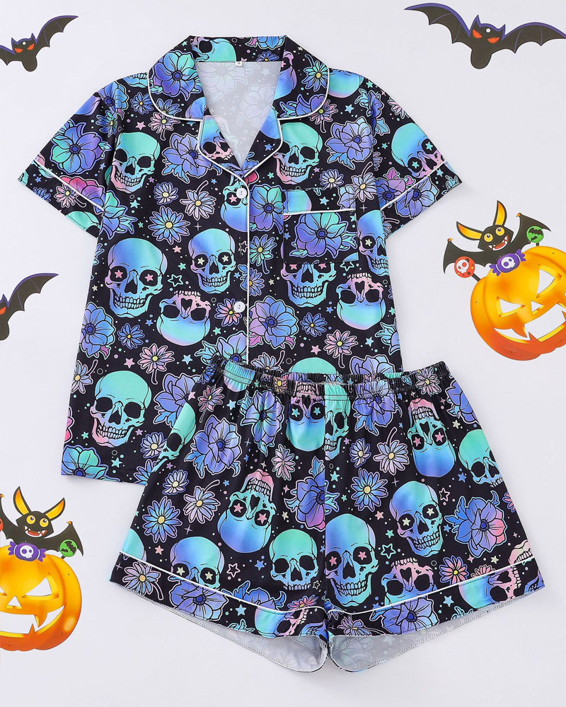 Halloween Print Lapel Short-Sleeved Shorts Homewear Set