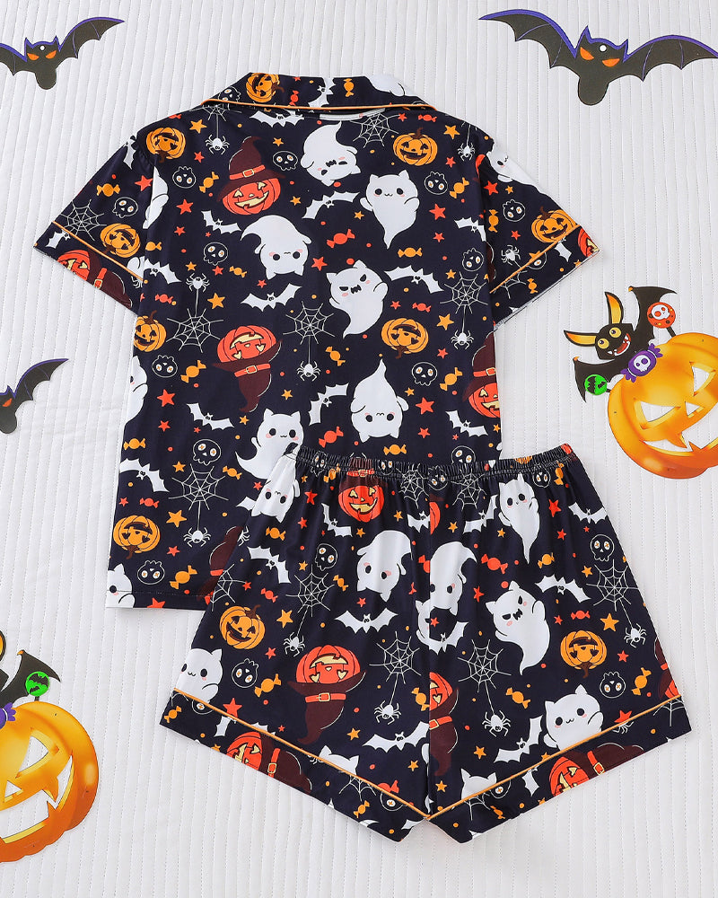 Halloween Print Lapel Short-Sleeved Shorts Homewear Set