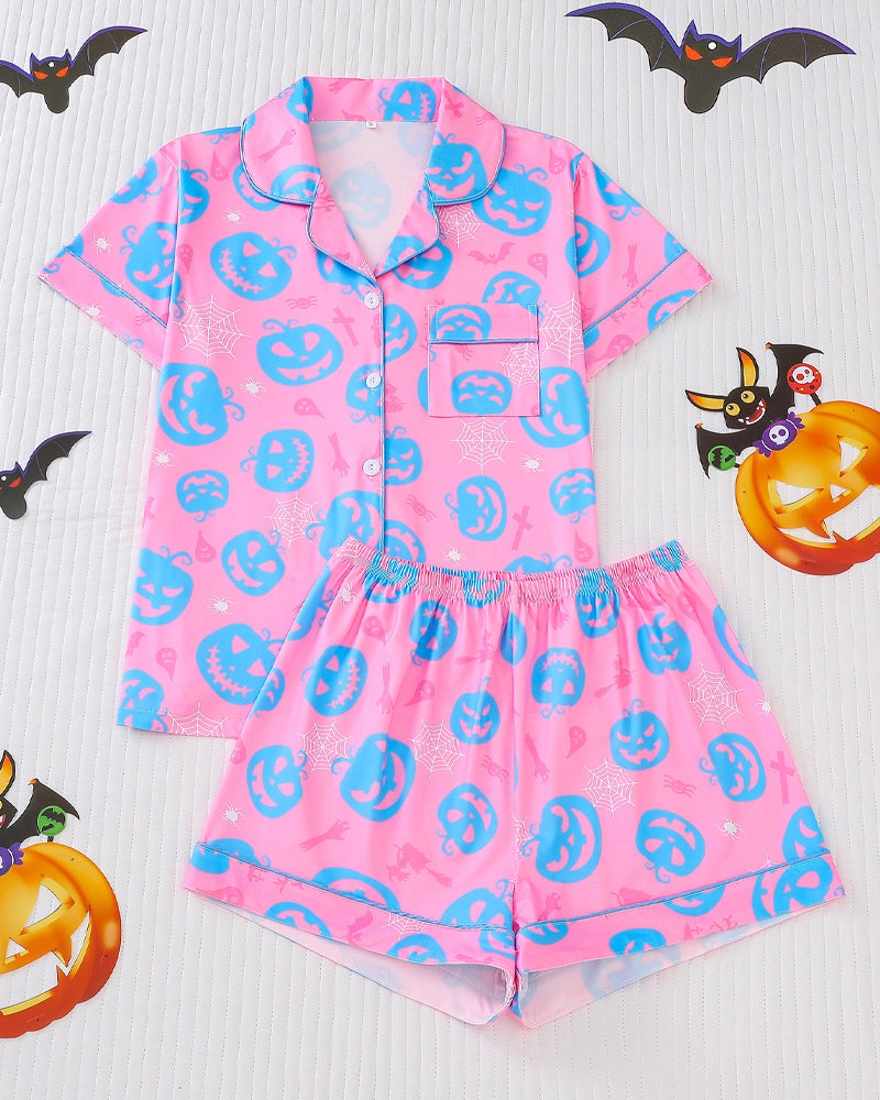 Casual Halloween Lapel Short-Sleeved Shorts Homewear Set