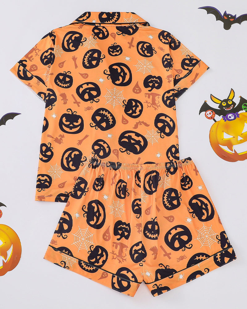 Casual Halloween Lapel Short-Sleeved Shorts Homewear Set