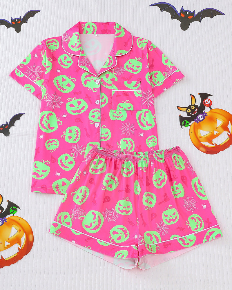 Casual Halloween Lapel Short-Sleeved Shorts Homewear Set