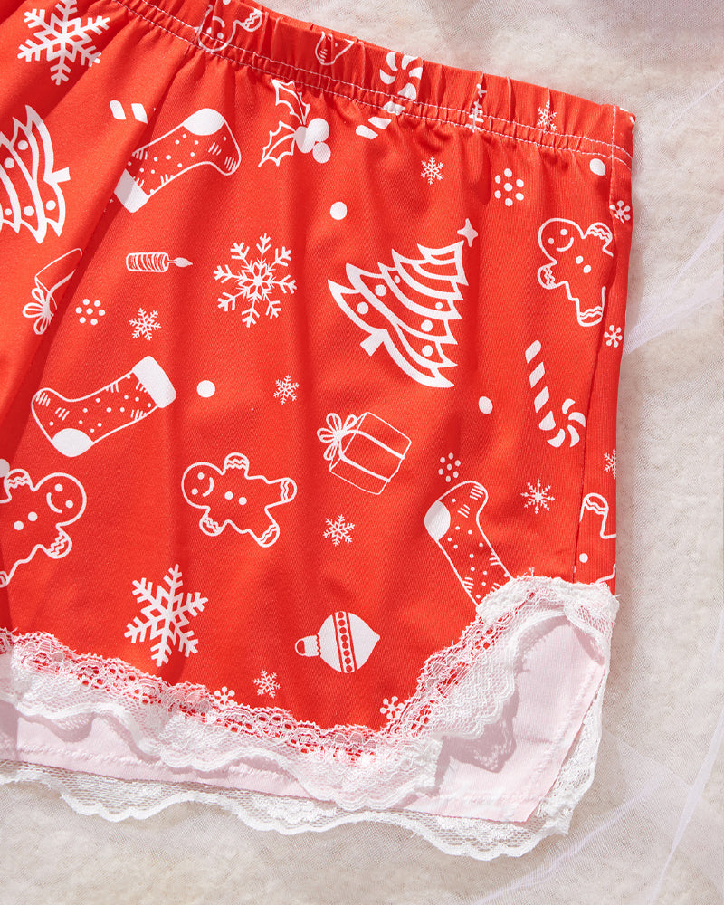 Sexy Halloween Print Lace Suspender and Shorts Loungewear Set